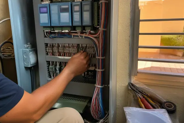 Technician wiring a commercial HVAC control cabinet in a Peoria, AZ mechanical room.