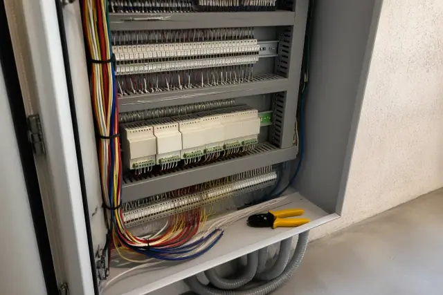 Technician wiring a building automation control cabinet with terminal blocks and wires in Phoenix, AZ.