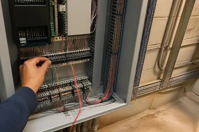 Multi-colored wiring in a building automation control cabinet at a mechanical room worksite in Glendale, AZ.