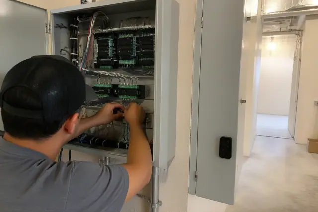Technician wiring a building automation control cabinet with colorful low-voltage cables in Surprise, AZ.