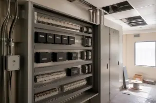 Open control cabinet with color-coded wiring and terminal blocks on a dusty concrete floor in Phoenix, AZ.