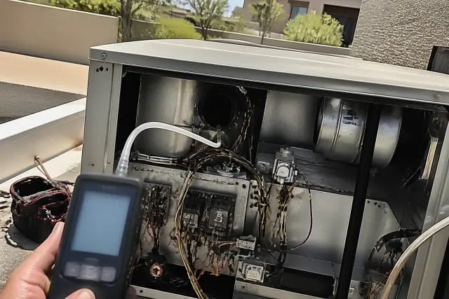 Technician performing carbon monoxide testing on an open rooftop HVAC unit in Phoenix, AZ.