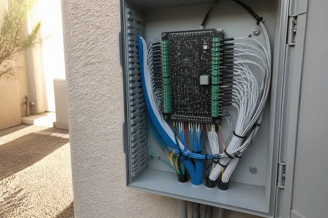 HVAC sensor wiring and controller board inside a utility room at a jobsite in Phoenix, AZ.