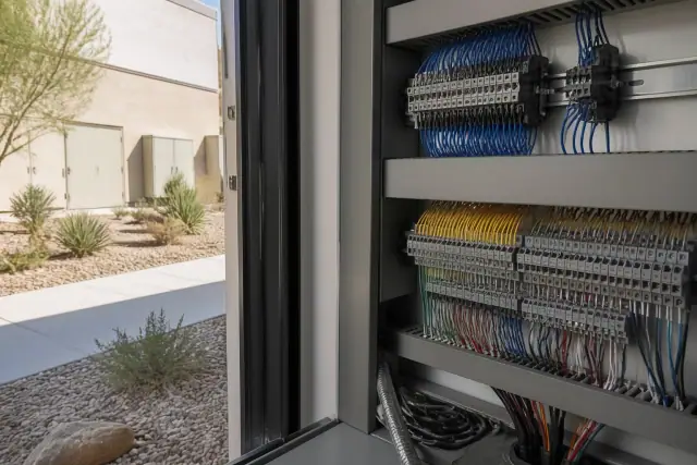 Commercial BAS control cabinet with organized wiring inside a mechanical room in Phoenix, AZ.