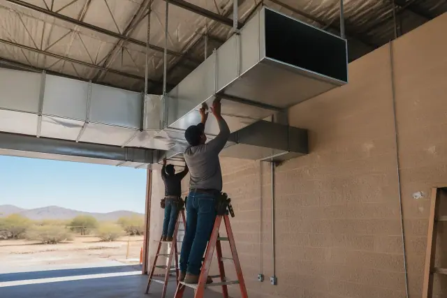 Sheet metal workers installing galvanized steel ductwork in an industrial building in Avondale, AZ.