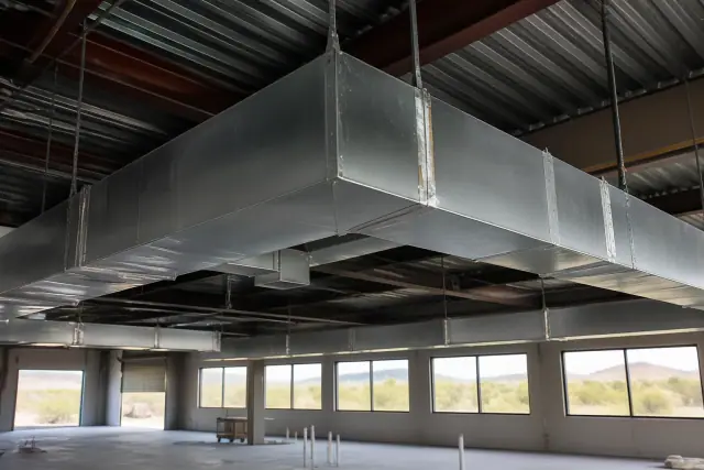 Galvanized steel ductwork installed on a warehouse ceiling in Surprise, AZ.