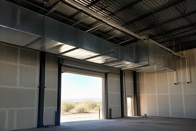Galvanized steel HVAC ductwork installed from an industrial ceiling in a Goodyear, AZ warehouse with desert views.