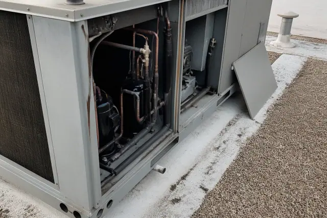 Technician performing a seasonal HVAC tune-up on a commercial rooftop unit in Peoria, AZ.