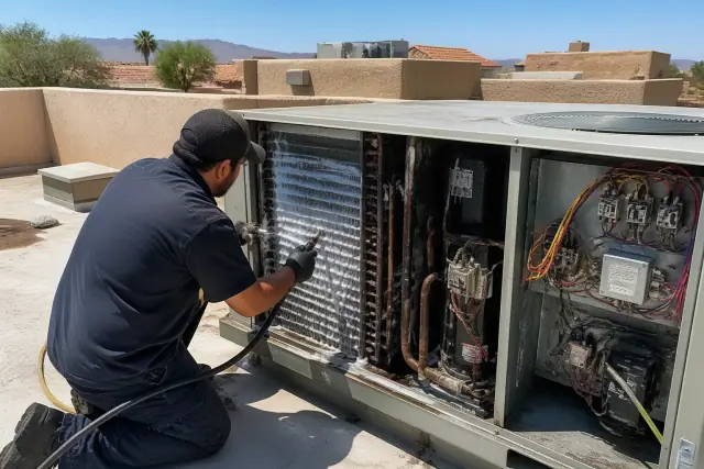 HVAC technician performing a seasonal maintenance tune-up on a rooftop unit in Glendale, AZ.