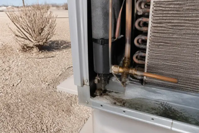 Open rooftop HVAC unit showing refrigerant residue on a brass valve and a drainage tray in Avondale, AZ.