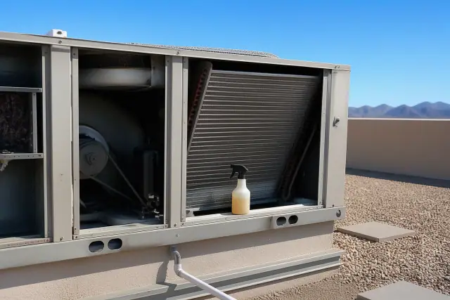 Technician performing seasonal maintenance on a commercial rooftop HVAC unit in Surprise, AZ.