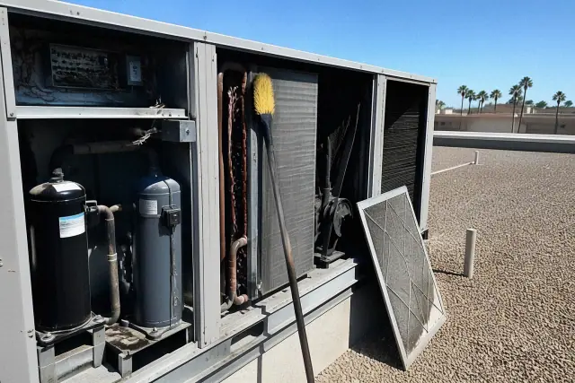 Technician performing a seasonal HVAC tune-up on a commercial rooftop unit in Tempe, AZ.