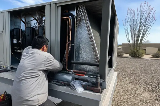 HVAC technician performing a seasonal rooftop unit tune-up in Tempe, AZ.
