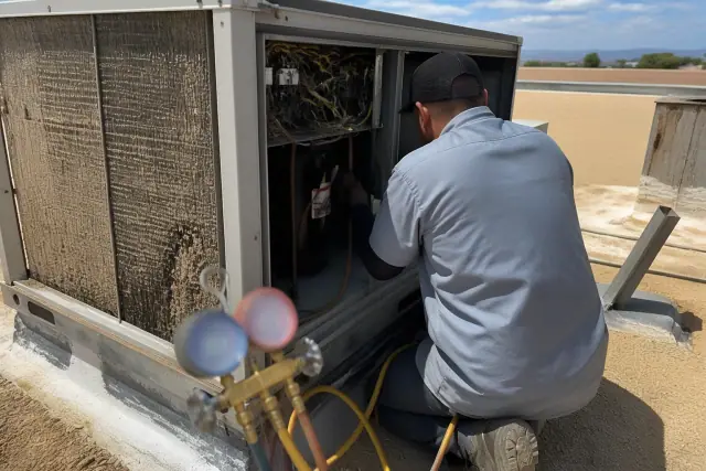 Technician performing a seasonal HVAC tune-up on a rooftop unit in Glendale, AZ.