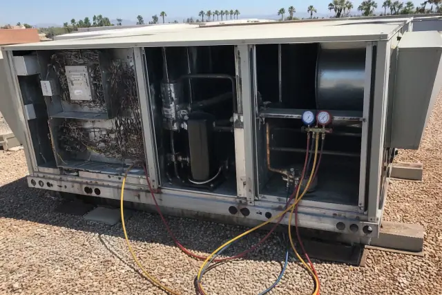 Commercial HVAC rooftop unit with service gauges and open panels during a tune-up in Gilbert, AZ.