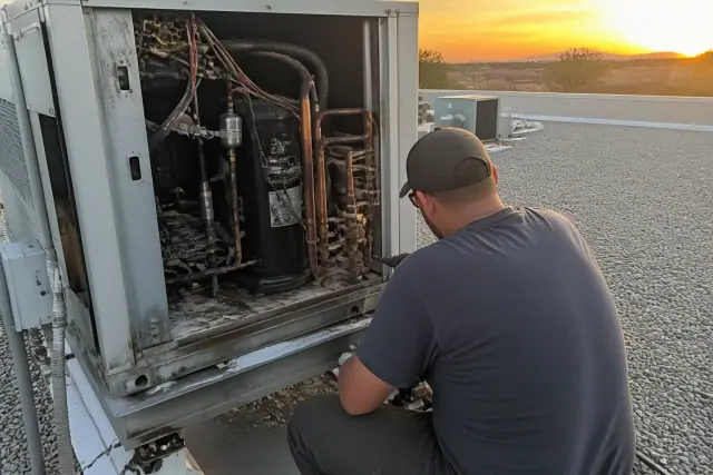 HVAC technician performing a seasonal repair on a rooftop unit in Surprise, AZ.