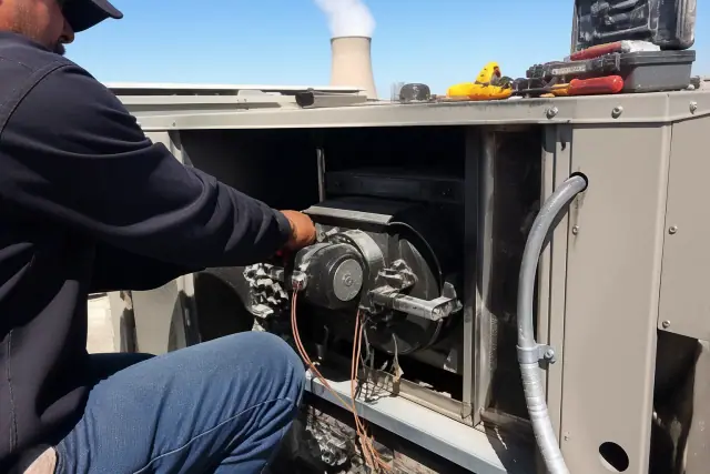 Technician performing a seasonal HVAC maintenance tune-up on a rooftop unit in Phoenix, AZ.