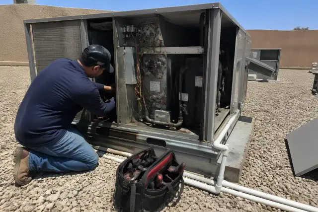 Technician performing a seasonal HVAC tune-up on a commercial rooftop unit in Avondale, AZ.