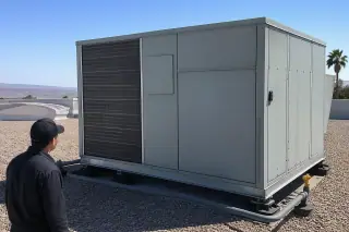 Commercial HVAC unit with panels secured on a sun-bleached gravel rooftop in Phoenix, AZ.