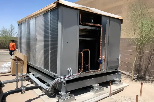 Large industrial HVAC unit on a support frame during a commercial installation in Phoenix, AZ.