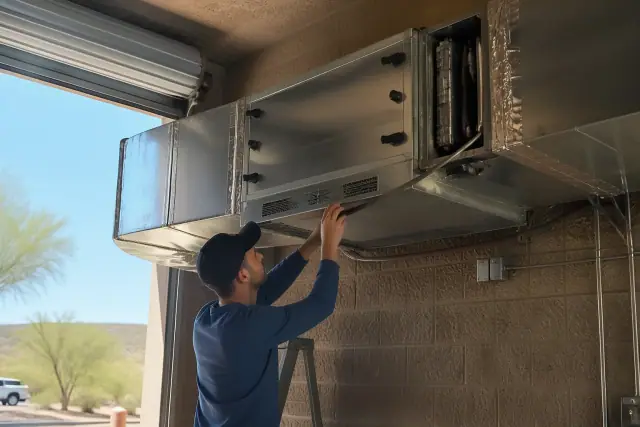 Technician installing a commercial air purification unit into ductwork at a jobsite in Peoria, AZ.