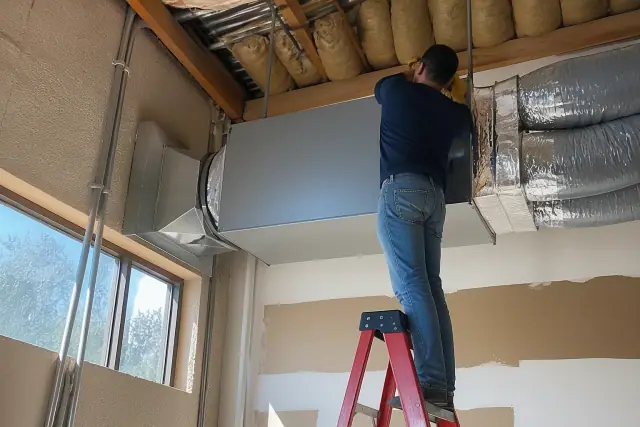 Contractor installing a commercial air purification unit into ductwork at an industrial park in Goodyear, AZ.