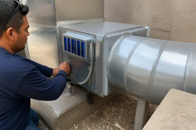HVAC technician installing a commercial air purification unit into metal ductwork in Avondale, AZ.