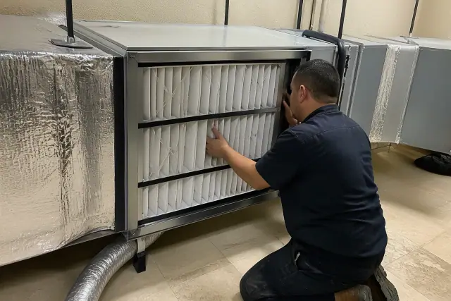 Technician installing a commercial air purification unit into ductwork in Scottsdale, AZ.