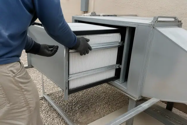 Technician installing a commercial air purification unit into ductwork at a jobsite in Gilbert, AZ.