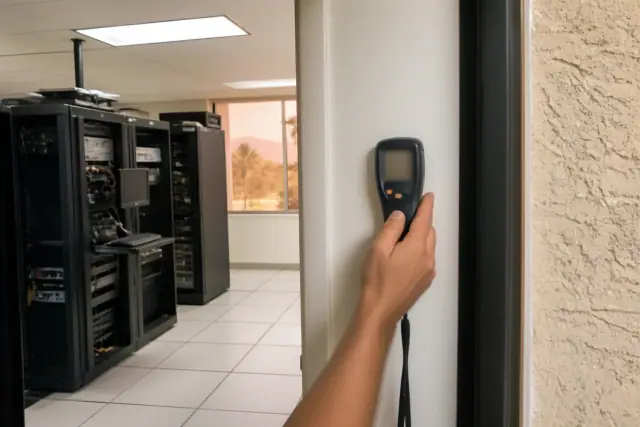 Moisture meter pressed against a wall panel during a commercial mold inspection in a Phoenix, AZ server room.