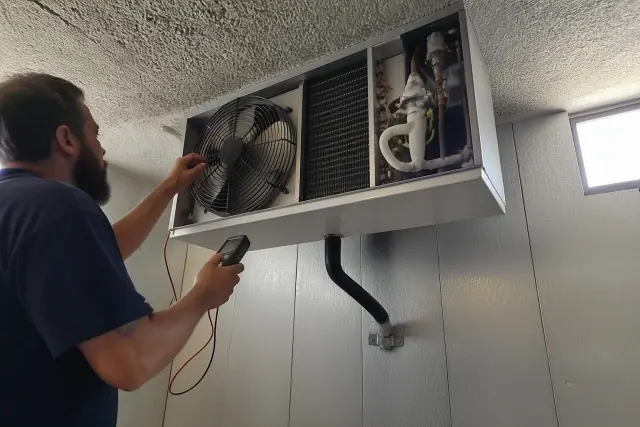 Technician repairing a walk-in cooler evaporator unit in a commercial building in Glendale, AZ.