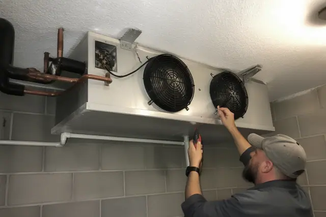 Technician repairing an evaporator coil fan motor in a commercial walk-in cooler in Mesa, AZ.