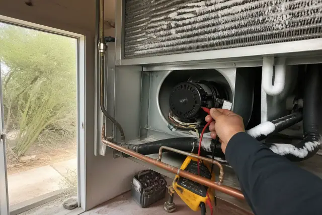 Technician repairing a walk-in cooler evaporator coil at a commercial jobsite in Gilbert, AZ.