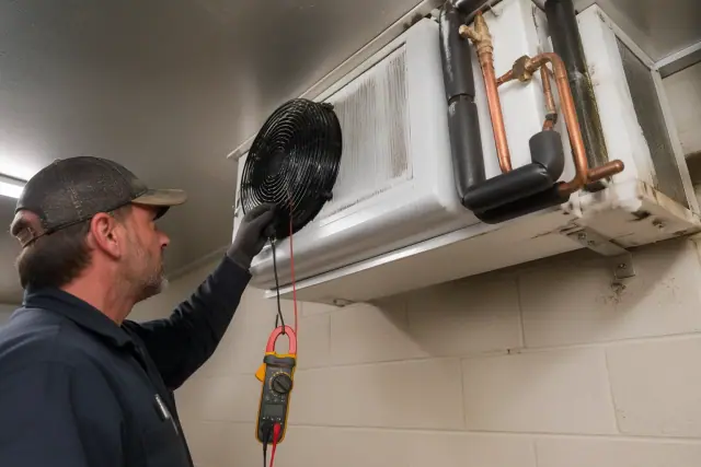 Mechanic testing an evaporator coil fan motor inside a walk-in commercial refrigerator in Surprise, AZ.
