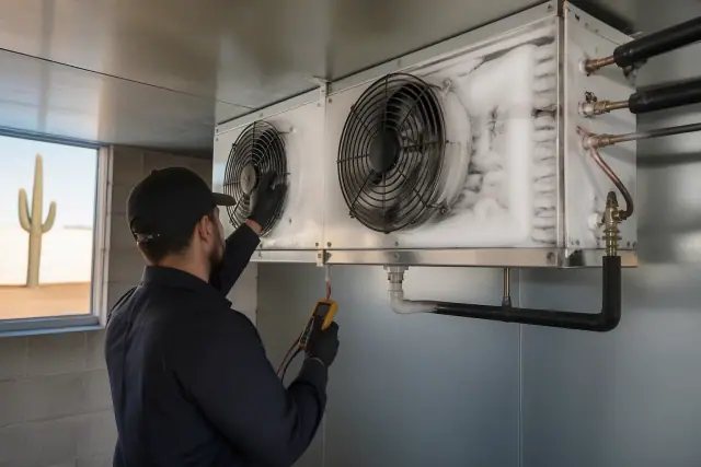 Technician repairing a walk-in cooler evaporator coil at a commercial facility in Chandler, AZ.