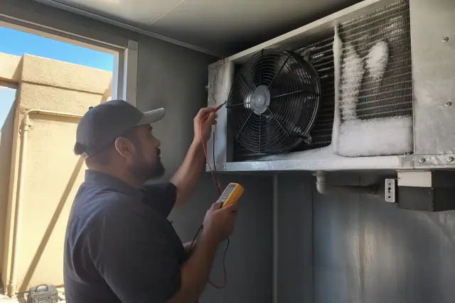 A technician repairing a walk-in cooler evaporator fan motor at a commercial jobsite in Phoenix, AZ.