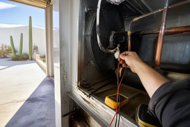 Technician testing a commercial refrigeration fan motor at a jobsite in Phoenix, AZ.
