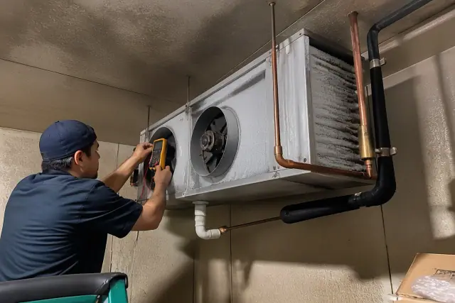 Mechanic testing a frosted evaporator coil in a commercial walk-in refrigerator in Phoenix, AZ.