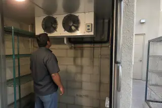 Technician inspecting a commercial refrigeration evaporator coil inside a walk-in cooler in Phoenix, AZ.