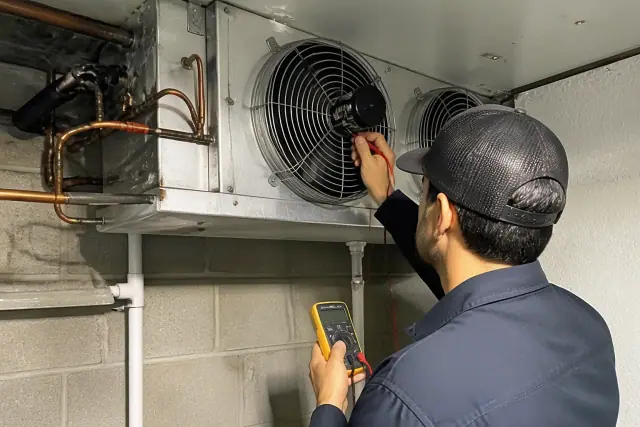 Technician testing an evaporator fan motor inside a walk-in refrigerator in Phoenix, AZ.