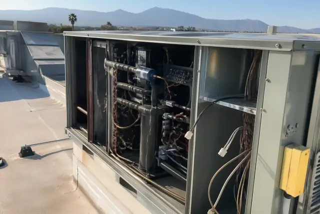 Internal components of a commercial rooftop HVAC unit during a seasonal tune-up in Phoenix, AZ.
