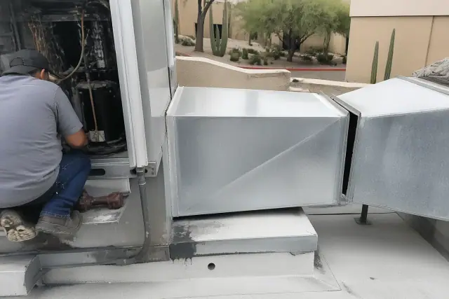 Technician inspecting a rooftop HVAC unit with a misaligned duct connection at a commercial site in Phoenix, AZ.