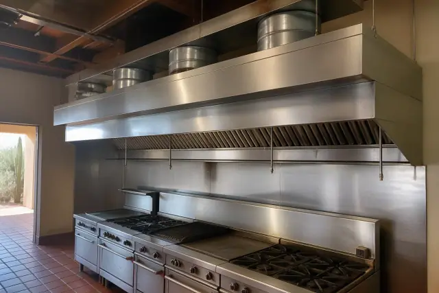 Compensating and short-circuit kitchen ventilation hoods installed above a cooking line in Phoenix, AZ.