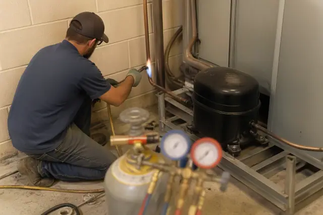 Technician soldering copper refrigerant lines on a commercial compressor unit in a Phoenix, AZ mechanical room.