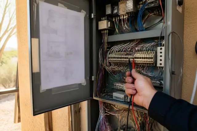 Technician troubleshooting HVAC control cabinet wiring and using a multimeter at a job site in Phoenix, AZ.