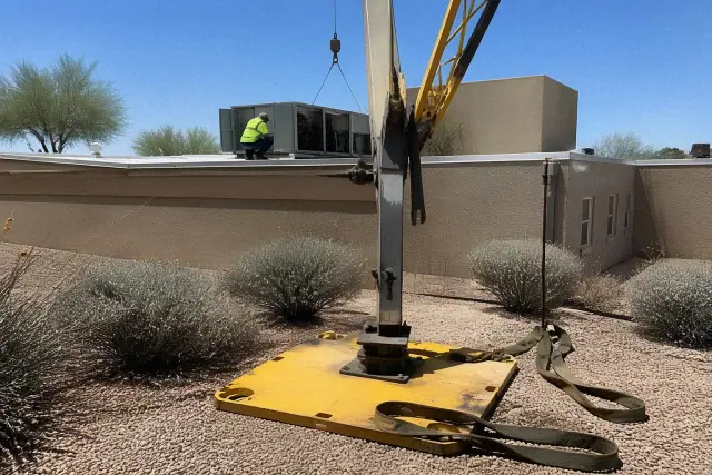 Crane outrigger pad and rigging equipment set up for rooftop unit maintenance at a commercial building in Phoenix, AZ.