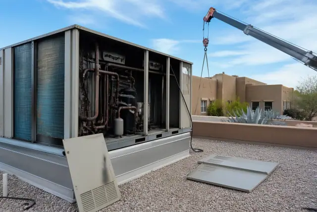 Technician servicing a rooftop HVAC unit with exposed coils and ductwork on a gravel roof in Phoenix, AZ.