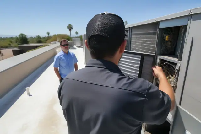 HVAC technician performing a seasonal rooftop unit tune-up for a client in Phoenix, AZ.
