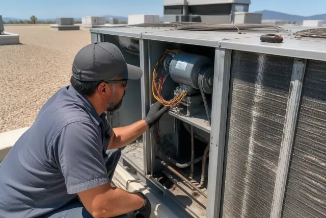Technician performing a seasonal tune-up on a rooftop HVAC unit in Phoenix, AZ.