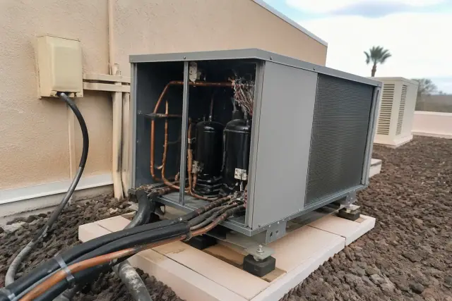 Heat pump package units on a rooftop with exposed copper lines in Phoenix, AZ.